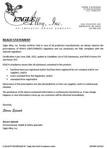 Eagle Alloy QR92 REACH Compliance letter - October 2022