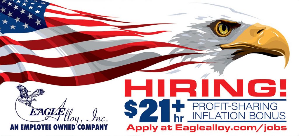 Now hiring at Eagle Alloy banner with Eagle and Flag