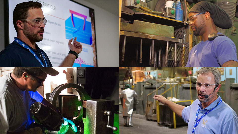 Eagle Alloy expert team of metalcasting professionals: metallurgist, shell molder, staff member leading facility tour, MPI inspector